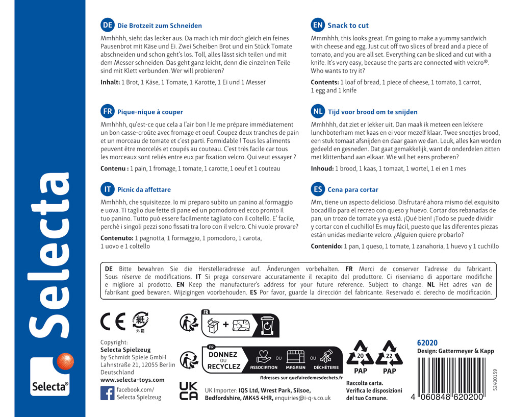 Snackpakketverpakking met "De lunch om te snijden", ingrediënten, zes talen en recyclingsymbolen onderaan.