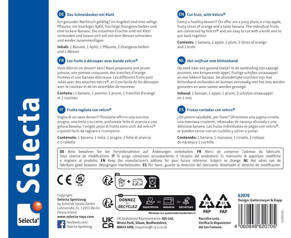 Meertalig productlabel voor een stuk speelgoed met gesneden fruit met klittenband, waarschuwingen en logo op een blauw-witte achtergrond.