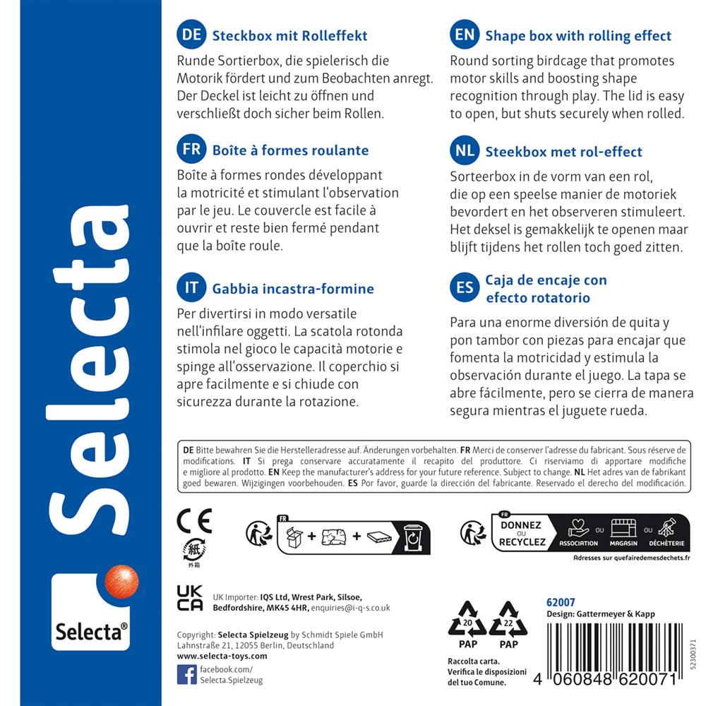 Vierkant productlabel met "Selecta"-logo, barcode en meertalige tekst voor Steekbox met rollend effectspeelgoed.