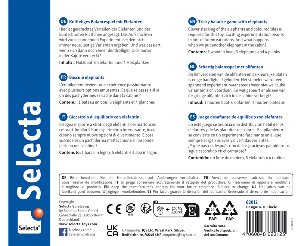 62012_Wippofant_FS11_072023-meinRZ-Pfade Bordspelverpakking voor een ingewikkeld evenwichtspel met olifanten, met meertalige instructies en inhoud.