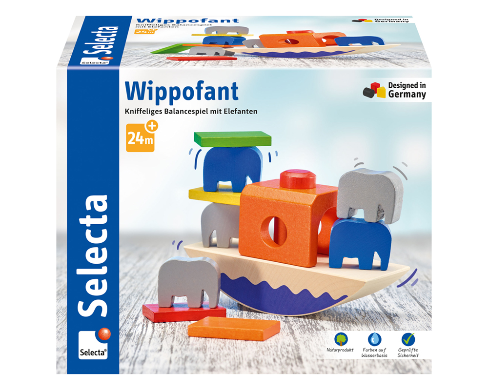 62020_Picknick_FS11_11_2019 Doos Selecta Wippofant, een ingewikkeld evenwichtsspel met olifanten voor kinderen vanaf 24 maanden.