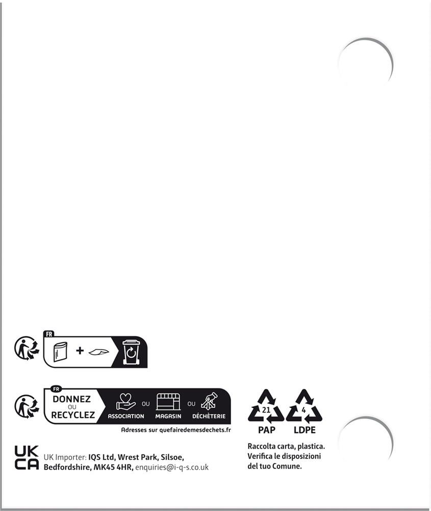 Instructies en symbolen voor het recyclen van Duwspeelgoed ruiter verpakkingen, plus contactgegevens van het bedrijf onderaan.