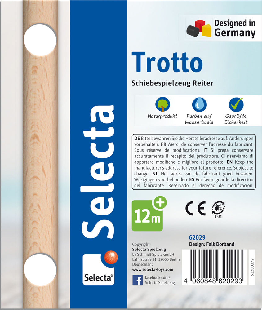 Productlabel voor Selecta Trott Duwspeelgoed ruiter, geschikt voor 12+ maanden, met milieuvriendelijke pictogrammen.