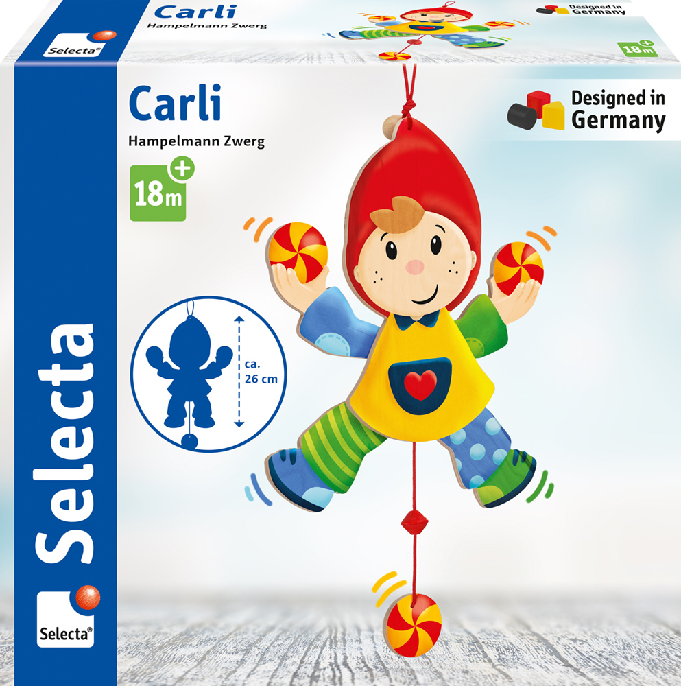 62072_Saltino_FS54_10_2019 Doos met een kleurrijke houten pop genaamd Carli, geschikt voor kinderen vanaf 18 maanden, van Selecta, gemaakt in Duitsland.