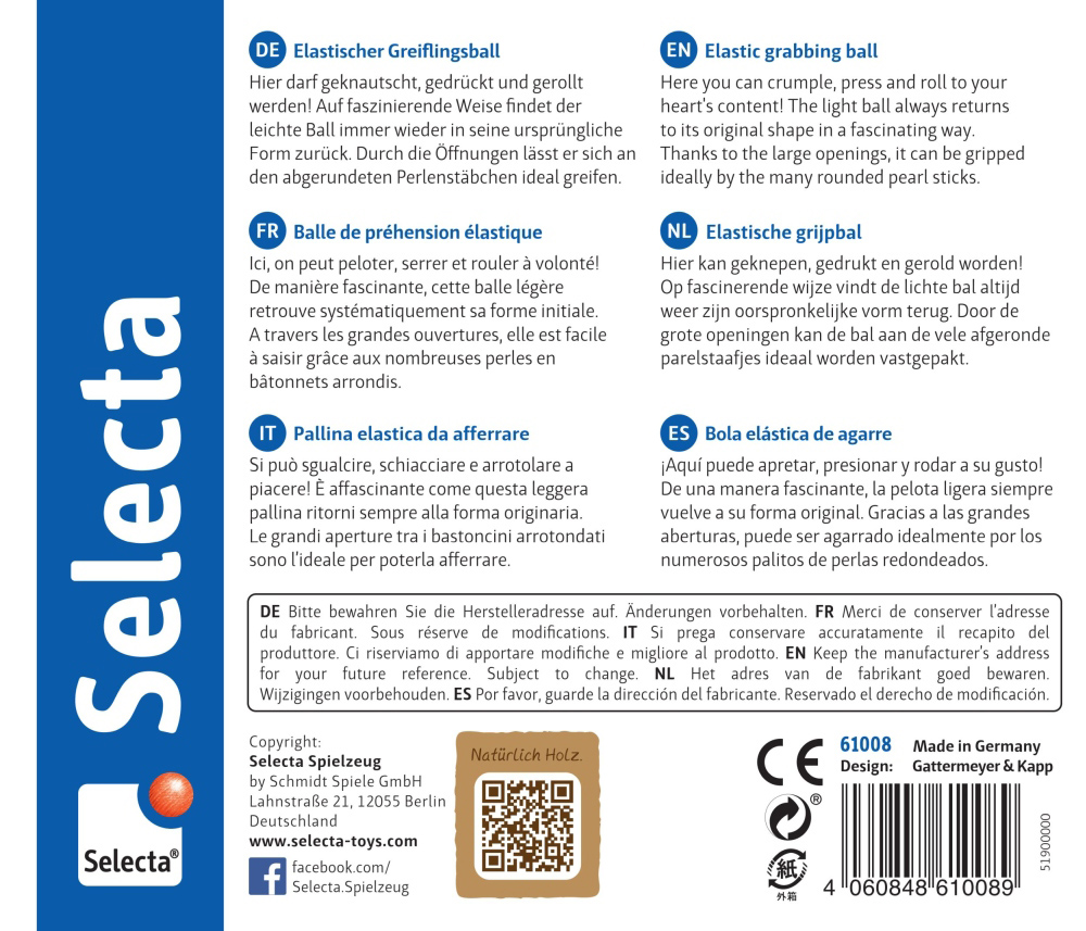 Op de productverpakking staat in vijf talen een beschrijving van de elastische balrammelaar van Selecta, vervaardigd in Duitsland.