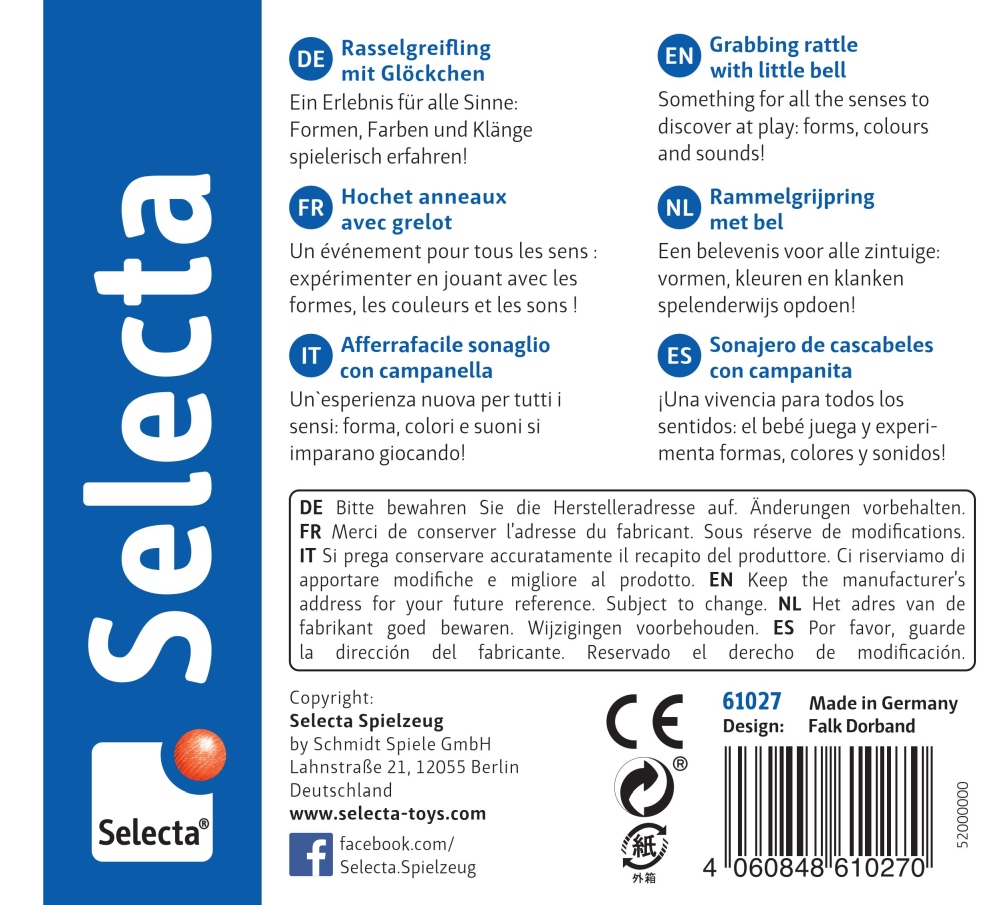 Selecta-speelgoedverpakking: Rammelaar met verborgen belletje, meertalige informatie, streepjescode en logo aan de linkerkant.