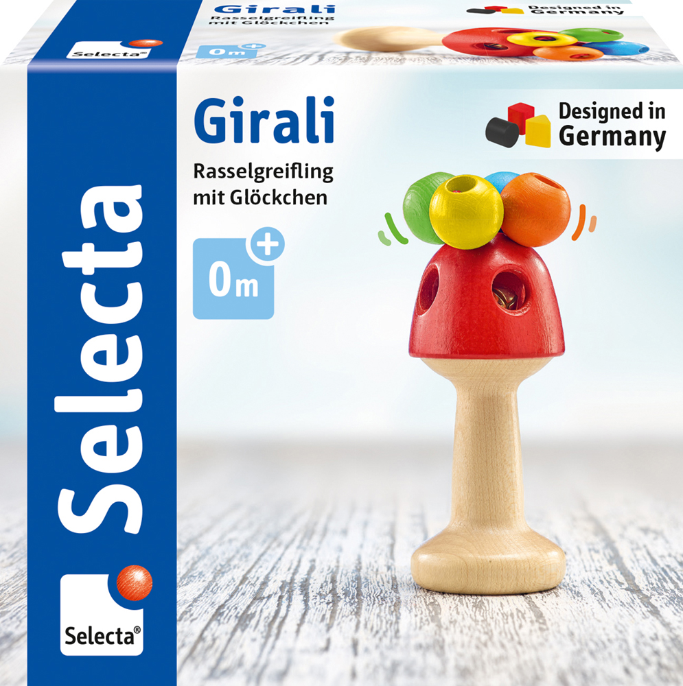 Rode en beige houten babyrammelaar met kleurrijke kraaltjes, een rammelaar met verborgen belletje van Selecta Girali.