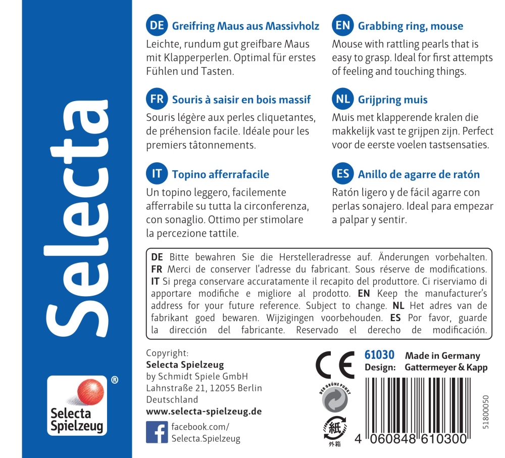 61030-topino-houten-speelgoed-p-bottom Op de doos staan de tekst „Rammelaar van massief hout in de vorm van een muis“, het Selecta-logo en veiligheidsinformatie.