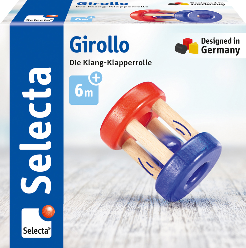 61036_Girondo_FS06_01_2020 Doosje met Selecta Girollo, een kleurrijke houten babyrammelaar met een rinkelend rolletje dat geluid maakt, geschikt voor kinderen vanaf 6 maanden.