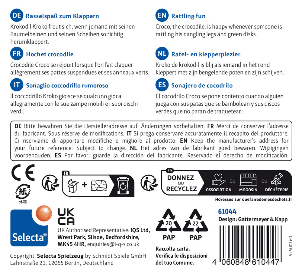 Speelgoedverpakking met ‘Rammelplezier’ om mee te rammelen, productinformatie en veiligheidstips in verschillende talen.