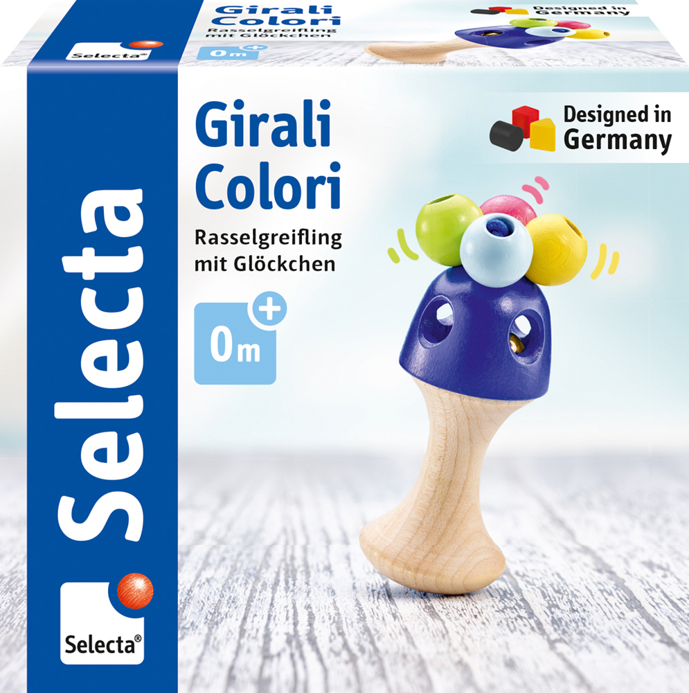 Doos met een Selecta Girali Colori-rammelaar met verborgen belletje, blauw houten handvat en kleurrijke kralen.