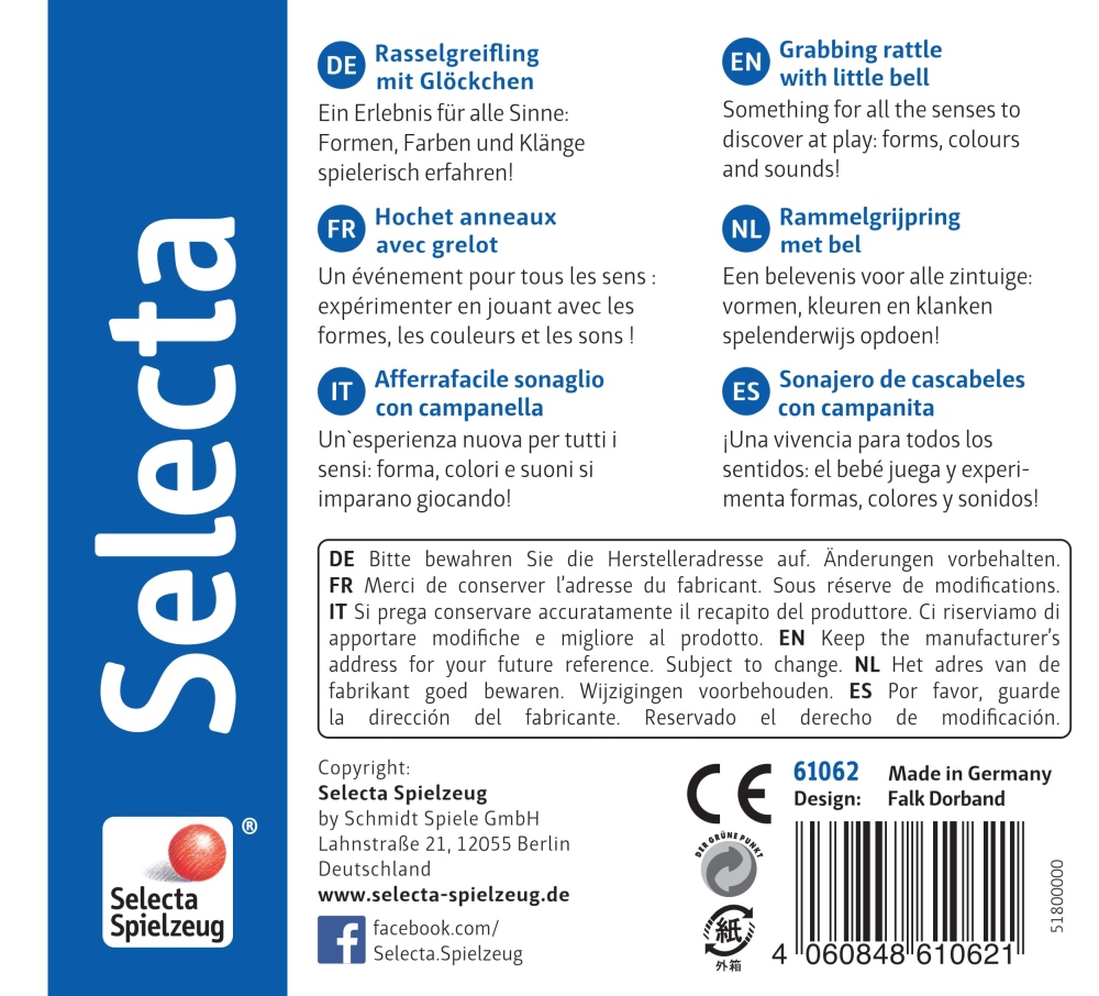 Selecta-verpakking voor babyspeelgoed: Rammelaar met verborgen belletje, met productinformatie in zes talen.