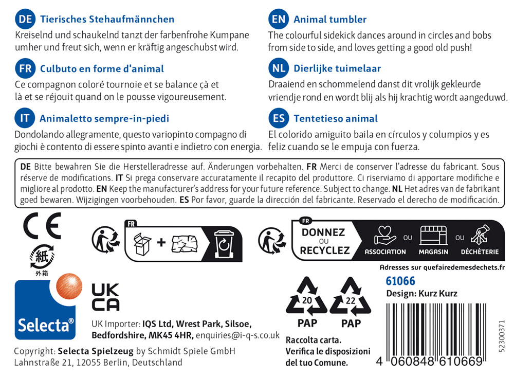 61066_tuimelaar-max-houten-speelgoed-p-bottom Blauw-witte Selecta-speelgoedverpakking met een ‘Dierlijke tuimelaar’, voorzien van meertalige tekst en certificeringslogo’s.
