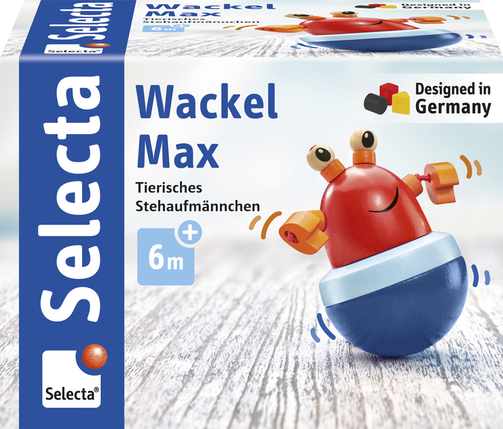 61028_Rolina_FS08_09_2019 Speelgoedkist met een kleurrijke dierlijke tuimelaar; er staat ‘Wackel Max’ en ‘Designed in Germany’ op.