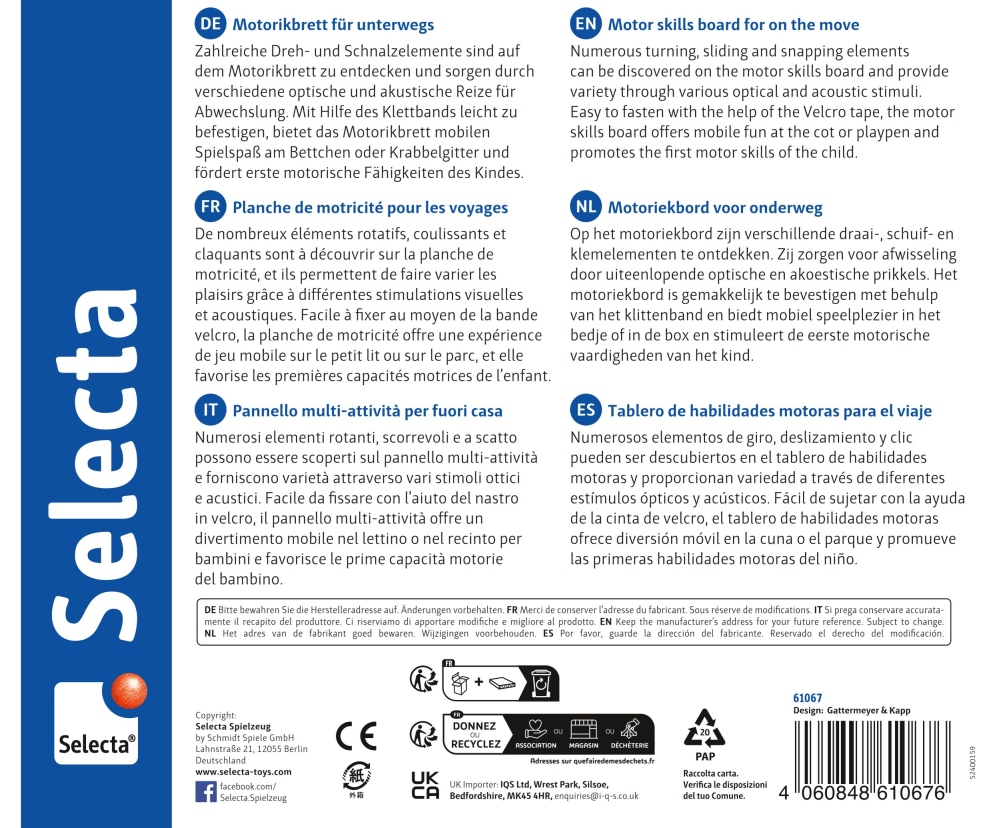 61067_carusello-houten-speelgoed-p-bottom Achterkant van de Selecta-speelgoedkist met productbeschrijvingen in vijf talen en informatie over veiligheid, het bedrijf en de barcode.