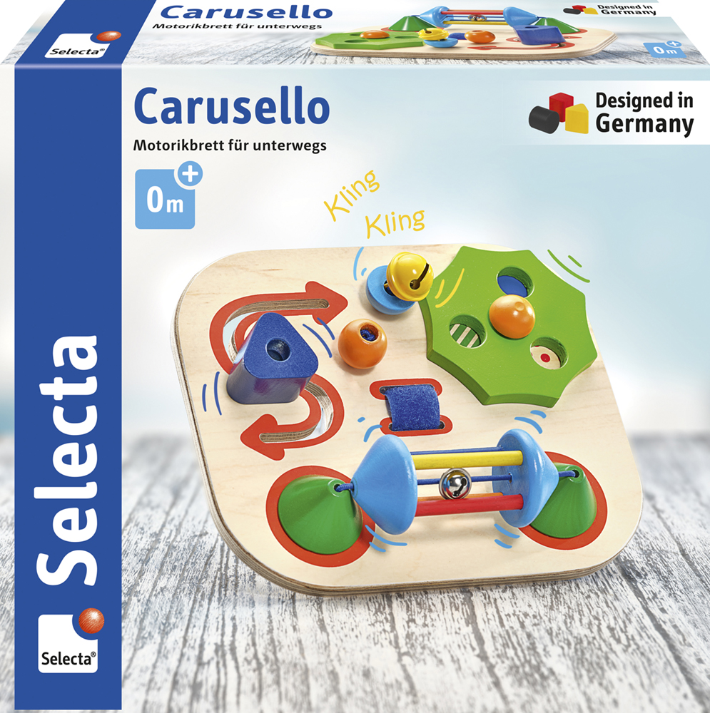 62072_Saltino_FS54_10_2019 Houten speelbord voor baby’s met kleurrijke vormen, kraaltjes en een belletje, met de naam Carusello van Selecta.
