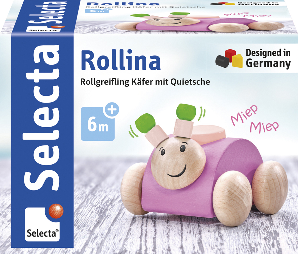 61028_Rolina_FS08_09_2019 Rollina: een houten, roze speelgoedbeestje met een lachend gezichtje, voelsprieten en wieltjes – ideaal voor kinderen vanaf 6 maanden.