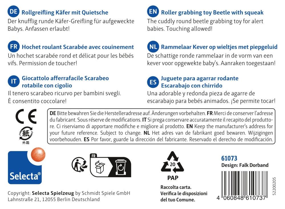 61073_rollino-houten-speelgoed-p-bottom Speelgoedverpakking voor het Rollino-rolkever-speeltje, met meertalige beschrijvingen en informatie over veiligheid en recycling.