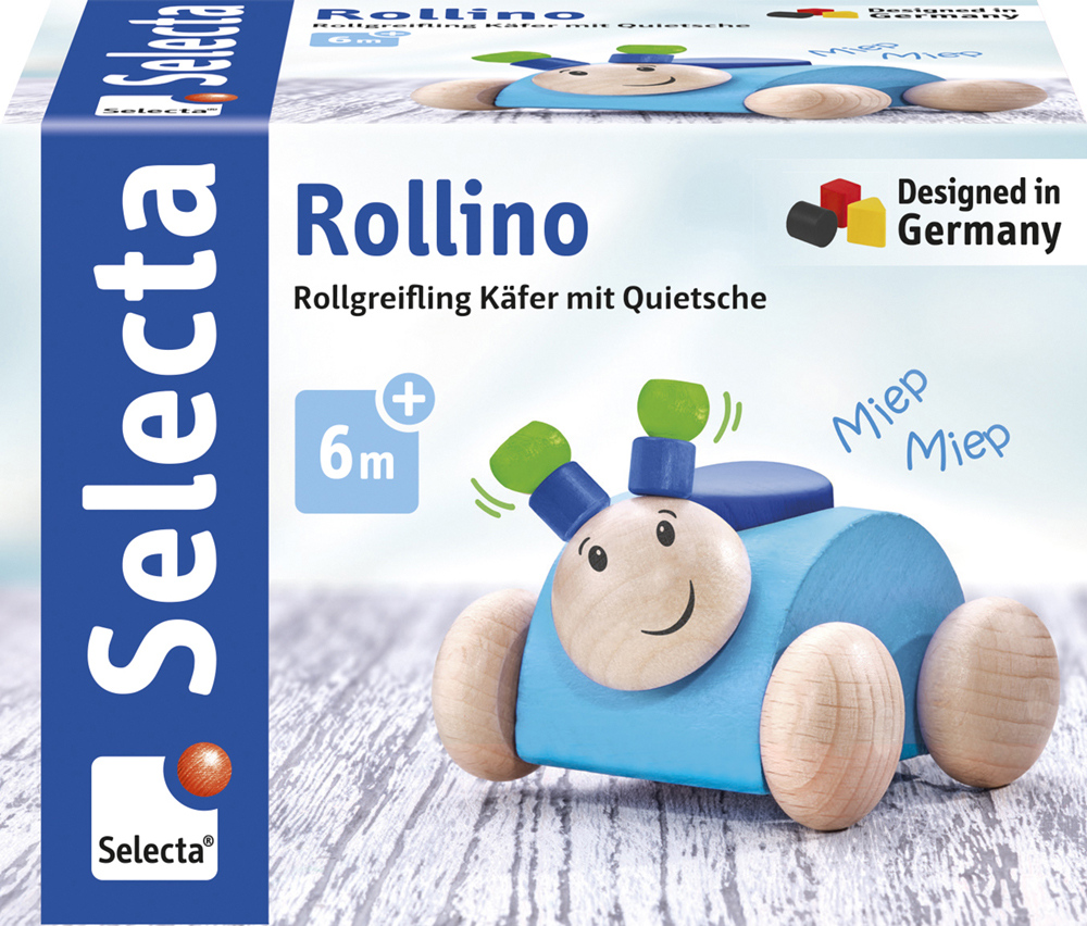 61028_Rolina_FS08_09_2019 Blauwe houten Rollino-speelgoedauto met een lachend gezichtje op de doos, geschikt voor kinderen vanaf 6 maanden.