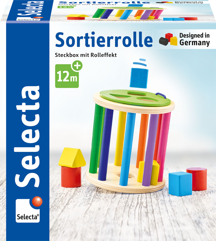 Steekbox met rol-effect: speelgoedtrommel om vormen te sorteren met kleurrijke vormen, ideaal voor kinderen vanaf 12 maanden.