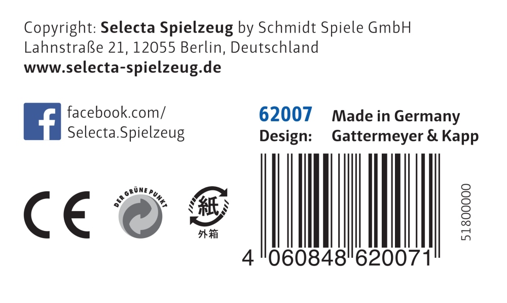 62007_sorteerroller-houten-speelgoed-p-bottom Barcode, productinformatie, Steekbox met rol-effect, Selecta Spielzeug, CE-markering, Facebook-link, Made in Germany.
