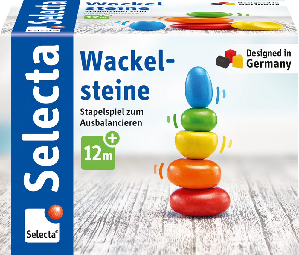 61028_Rolina_FS08_09_2019 Doos met kleurrijk stapelspeelgoed van stenen voor kinderen vanaf 12 maanden, met de opschriften ‘Wackelsteine’ en ‘Wiebelstenen’.