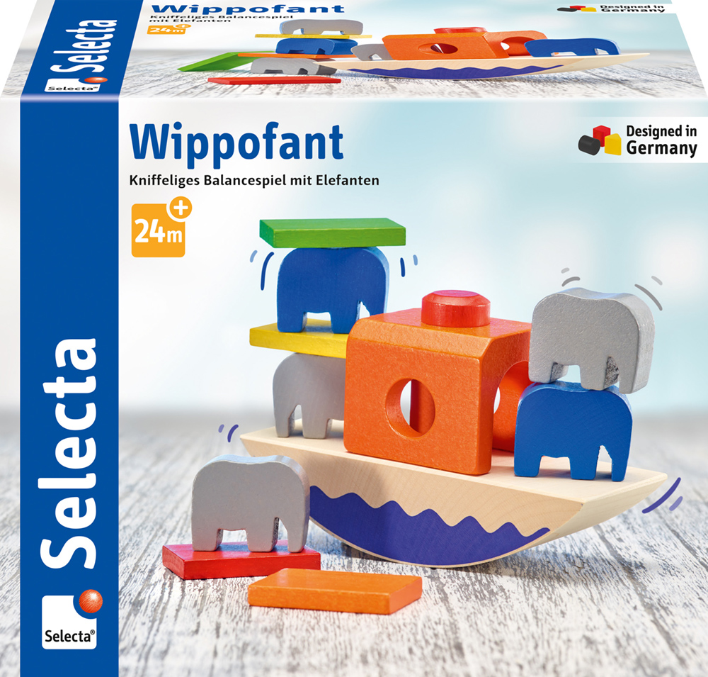 62020_Picknick_FS11_11_2019 Doos met Selecta Wippofant, een uitdagend evenwichtsspel met olifanten voor kinderen vanaf 24 maanden.