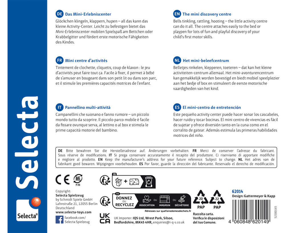 62014_tavolini-houten-speelgoed-p-bottom Achterkant van een Selecta-speelgoedverpakking voor Het mini-avonturencentrum, met informatie in zes talen en merkelementen.