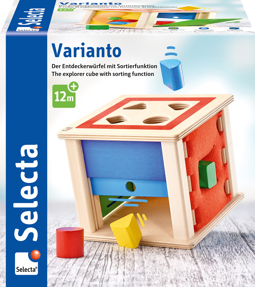 62019_Varianto_FS18_05_2020 De ontdekkingskubus met sorteerfunctie en gekleurde blokjes, ideaal voor kinderen vanaf 12 maanden.