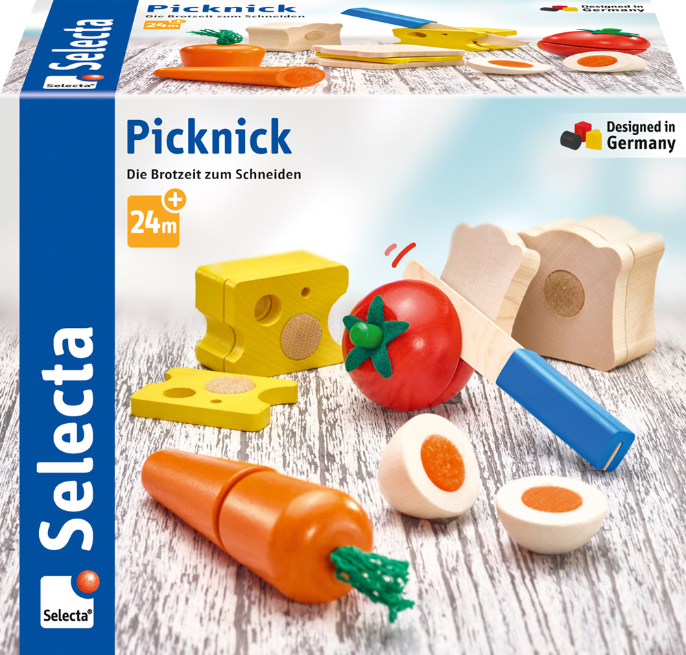 Speelgoedpicknickset: ‘De lunch om te snijden’ bestaat uit houten brood, kaas, groenten, een ei en een mes in een picknickkist.