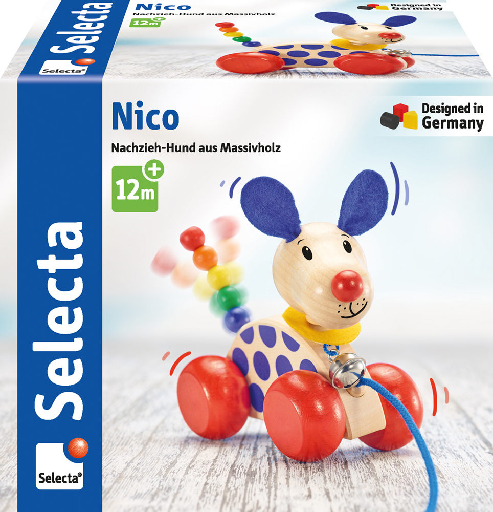 Doos voor Nico trekfiguur hond van massief hout, houten trekspeeltje, vanaf 12 maanden, van Selecta.