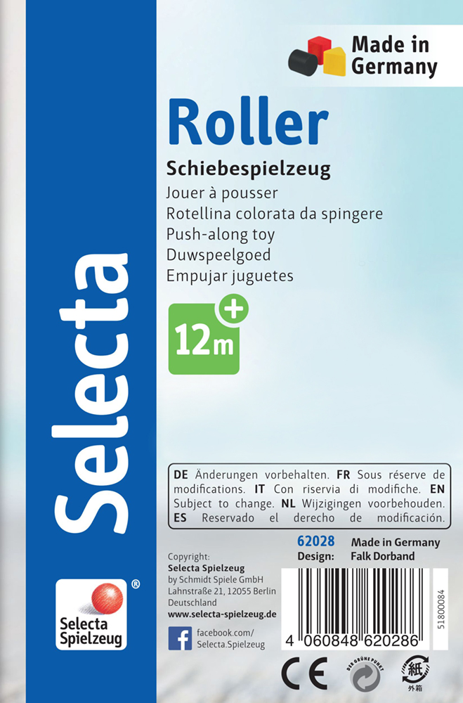 Roller, duwspeelgoed voor kinderen vanaf 12 maanden, vervaardigd in Duitsland door Selecta Spielzeug.