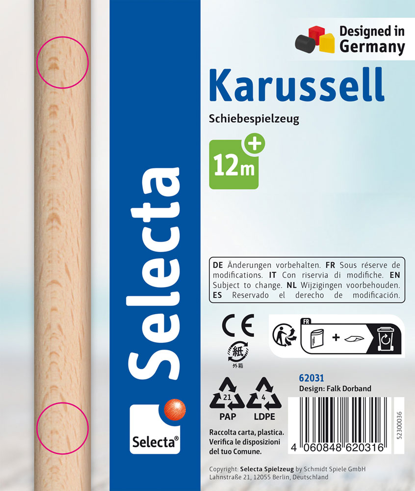 Selecta Karussell Duwspeelgoed-speelgoedkistlabel met productgegevens, pictogrammen en het ‘Designed in Germany’-logo aan de rechterkant.