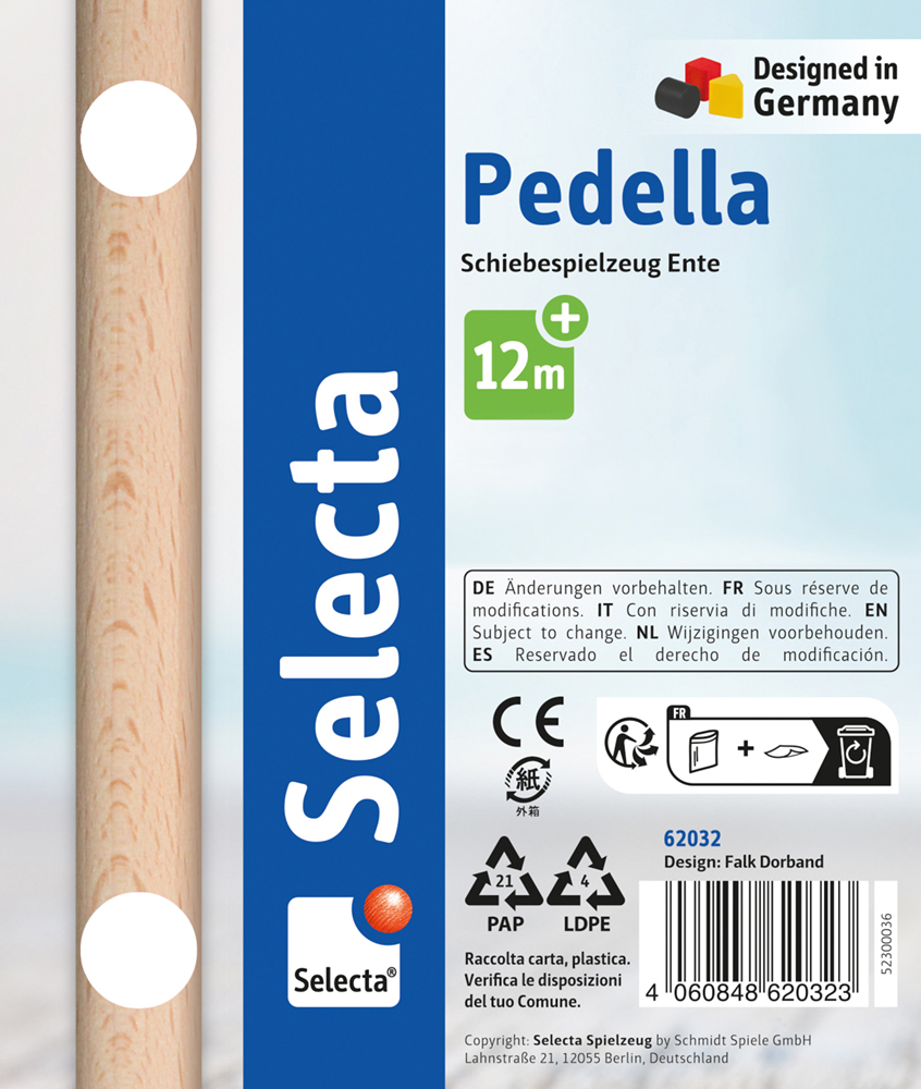 Selecta Pedella Duwspeelgoed eend, speelgoedlabel, Duits ontwerp, vanaf 12 maanden, voorzien van recycling-symbolen.