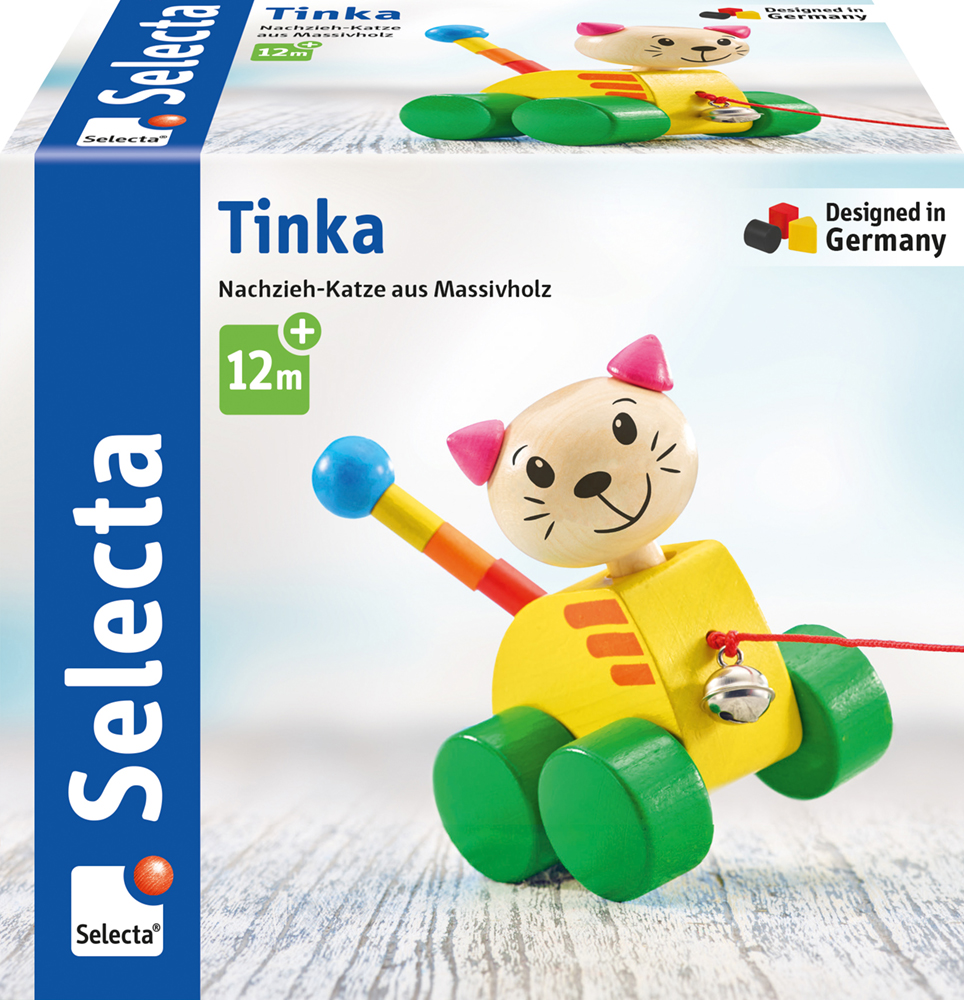 Trekfiguur in de vorm van een kat, gemaakt van massief hout, met groene wieltjes en een belletje, verpakt in een Selecta-doos, vanaf 12 maanden.