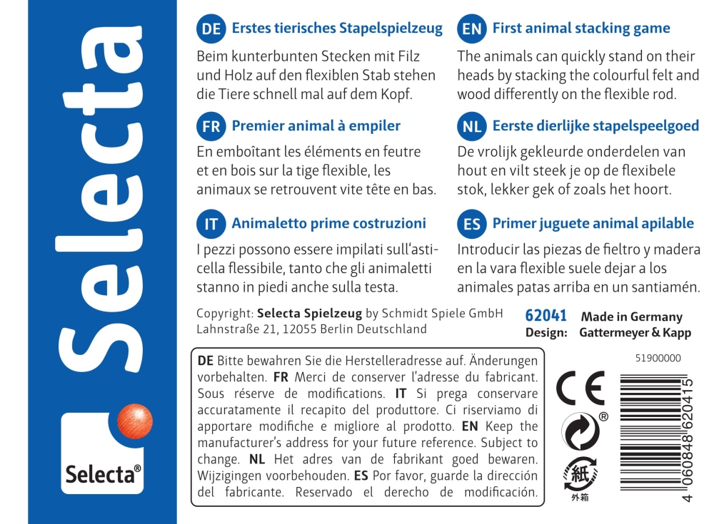 62041-stapelkikker-pepito-houten-speelgoed-p-bottom Blauw-witte verpakking van het speelgoed ‘Stapelkikker’ met productinformatie in het Duits, Italiaans, Nederlands, Frans en Engels.