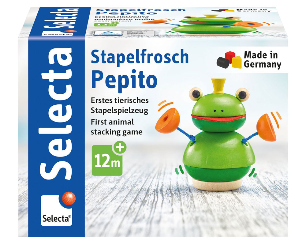 62041-stapelkikker-pepito-houten-speelgoed-p Selecta Stapelfrosch Pepito speelgoedkist met groene Stapelkikker-stapelkikker en Duitse en Engelse productinformatie.