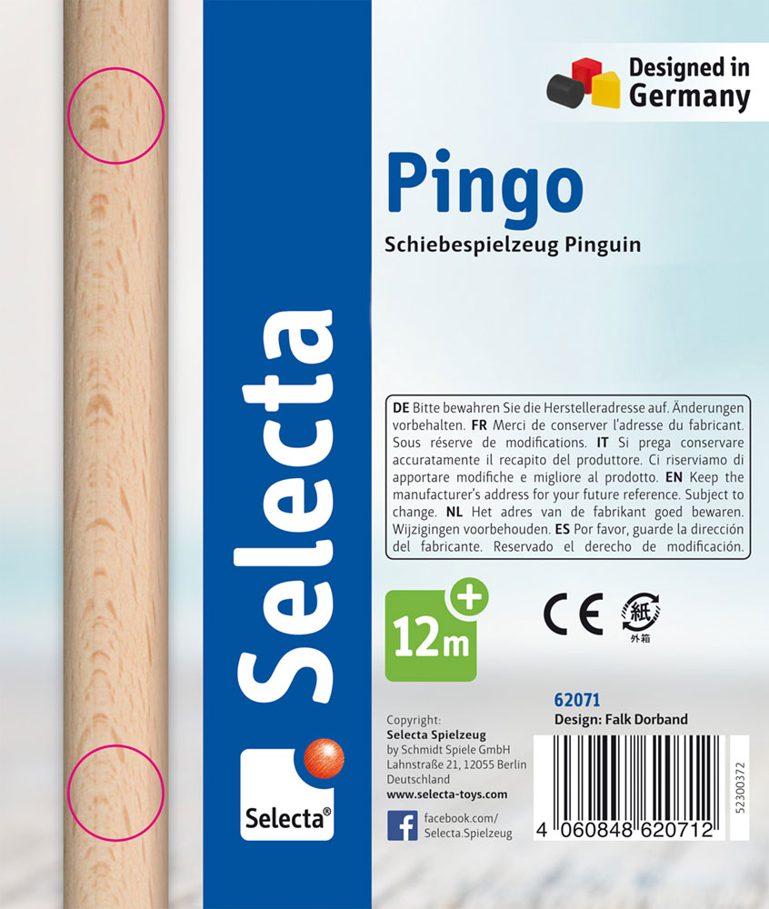 Doos voor het Pingo-schuiffiguur, een pinguïn om mee te duwen, met de vermelding ‘12 maanden+’ en meertalige beschrijvingen.