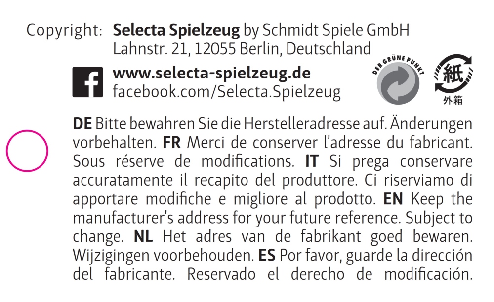 62083_coloformi-houten-speelgoed-p-back Tekst met copyrightvermelding, contactgegevens van het bedrijf en een mededeling over een adreswijziging in zes talen, waaronder Engels en Duits.