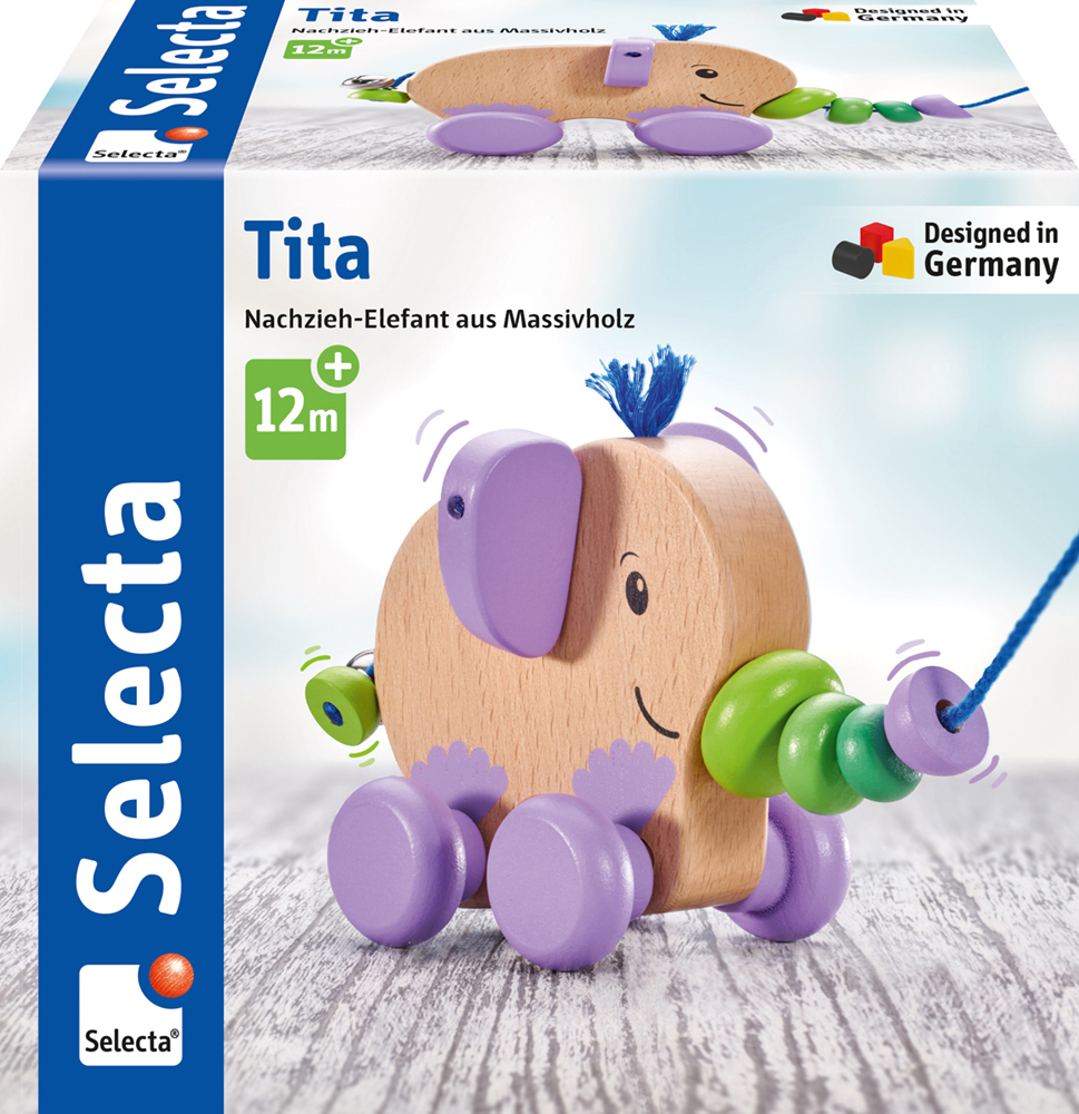 Trek-olifant, een trekspeeltje van massief hout met paarse wielen en oren, geschikt voor kinderen vanaf 12 maanden, gemaakt in Duitsland.