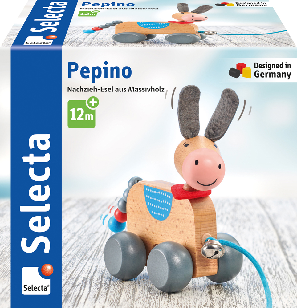 Massief houten trek-ezeltje met wieltjes in een doos met het opschrift ‘Pepino’, geschikt voor kinderen vanaf 12 maanden, van Selecta Duitsland.