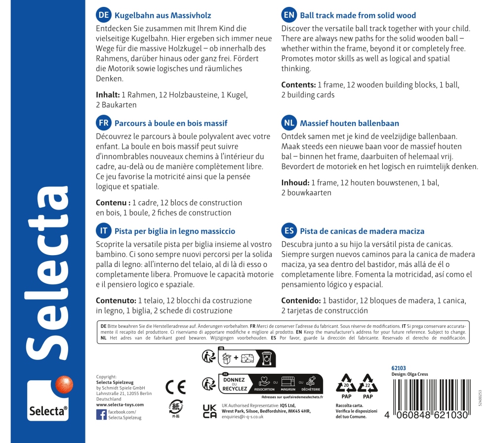62103_labirinto-houten-speelgoed-p-bottom Achterkant van de doos met productinformatie in 6 talen, Selecta-logo links, met een houten ballenbaan op de afbeelding.