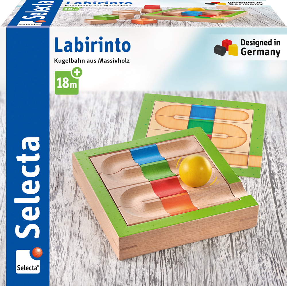 62011_Kurbelspass_FS49_02_2020 Houten labyrintspeelgoed met kleurrijke banen, een gele bal en een klassiek houten ballenbaanontwerp, geschikt voor kinderen vanaf 18 maanden.