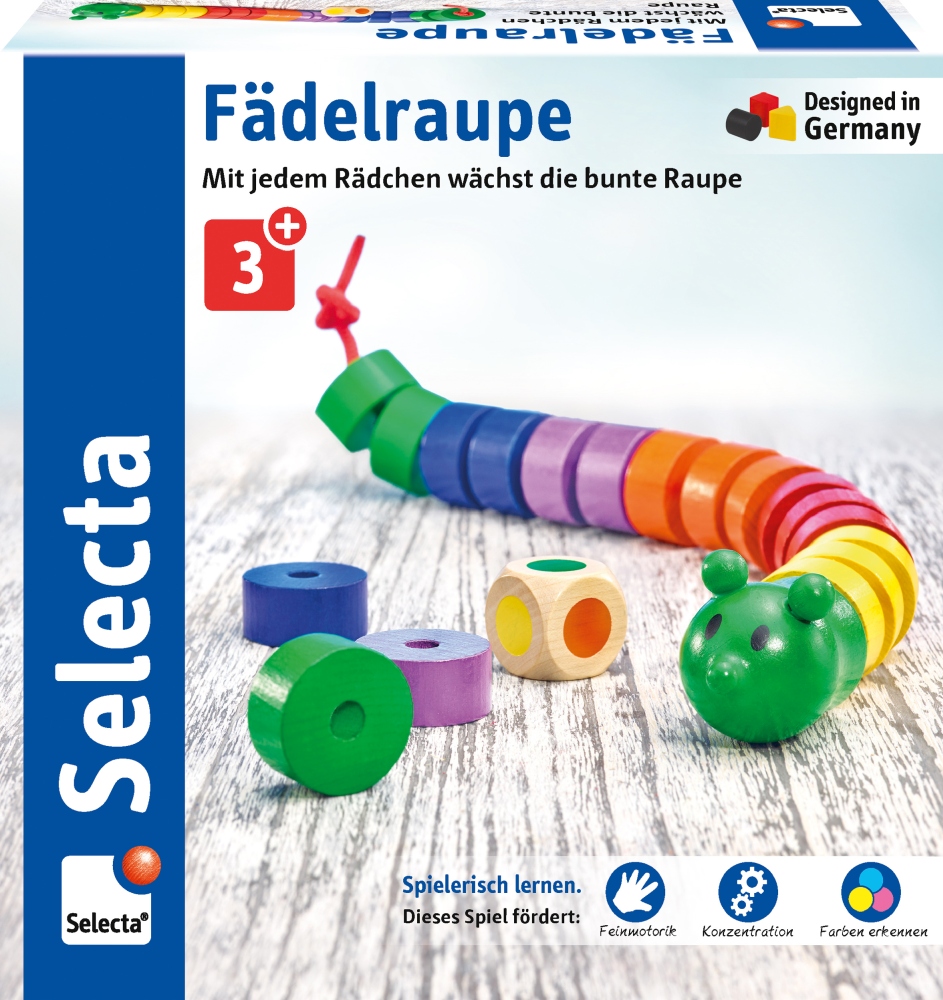 63005_Faedelraupe_ST05_Deckel_07_2019 Wieltje voor wieltje groeit de kleurrijke rups: houten rijgspel in de vorm van een rups voor kinderen vanaf 3 jaar, van Selecta.