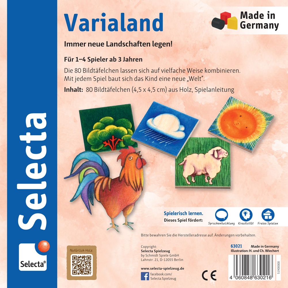Een speeldoos met 80 houten plaatjesborden, dieren- en natuurtegels, Varialand van Selecta, vanaf 3 jaar.