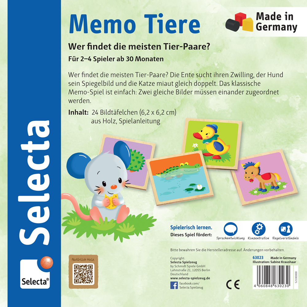 Dooshoes voor „Memo Tiere“, een Duits „Memo dieren“-spel van Selecta, met schattige cartoonbeestjes.