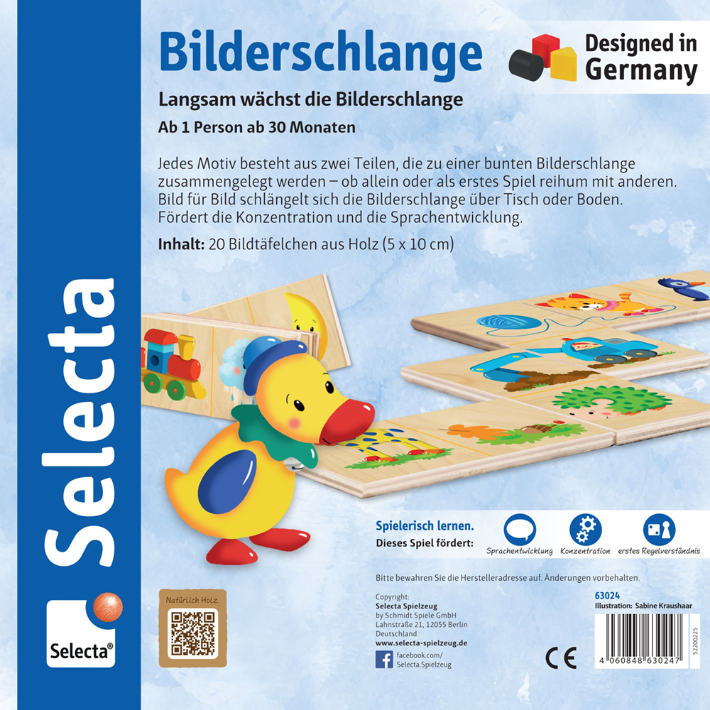Een houten puzzel met plaatjes in de vorm van een slang, met kleurrijke stukjes, een doos in de vorm van een Bilderschlange en een afbeelding van een stripfiguur-eend.