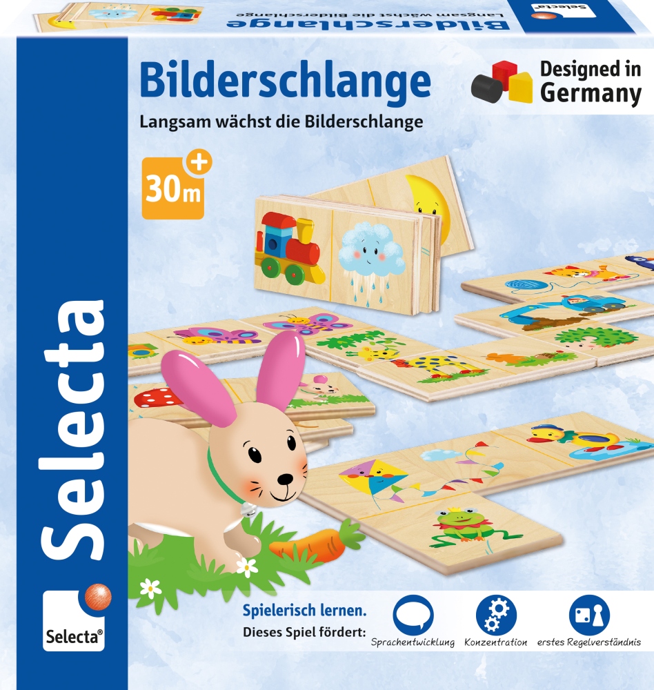 Een doos met het Selecta-spel ‘Plaatjesslang’, met houten tegels, een stripfiguurtje in de vorm van een konijntje en kleurrijke illustraties.
