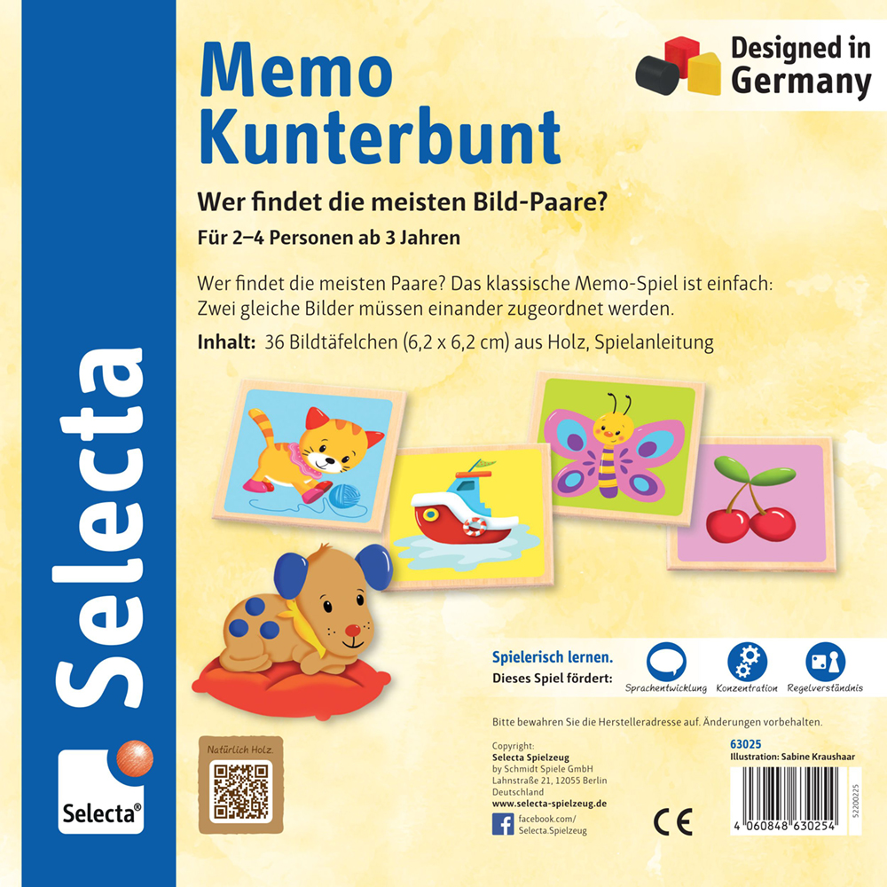 Kleurrijke Memo Kunterbunt (memo kakelbont) speldoos met afbeeldingen van een eend, een auto, een vlinder en kersen.
