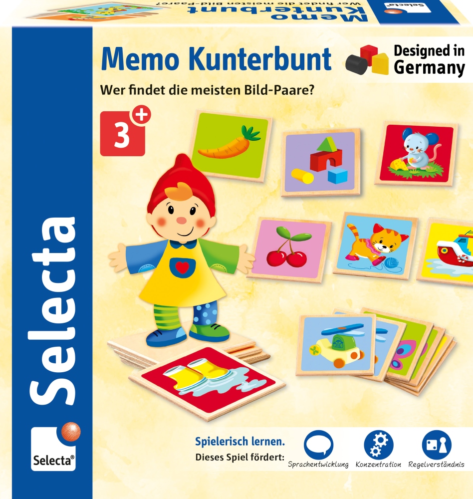 Memo Kunterbunt, een speldoos met een meisje uit een tekenfilm en bijpassende kaarten, ideaal voor kinderen vanaf 3 jaar.